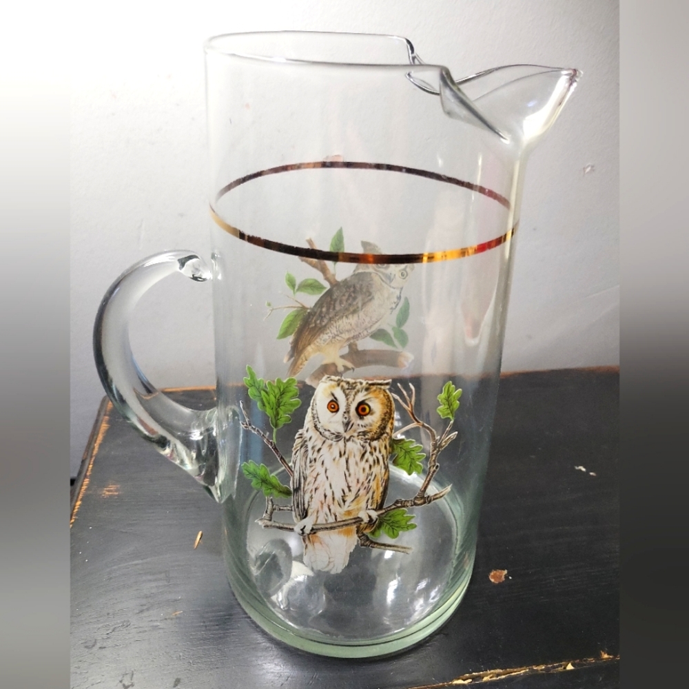 Vintage MCM Retro Owl Glass Gold Rimmed Pitcher / Bar Cart Decor
